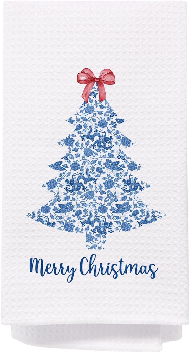 SPBL&L Merry Christmas Tree Kitchen Towels, Blue and White Chinoiserie Hand Towels for Bathroom, Red Bow Dish Towels, Kitchen Bathroom Decor, 16x24 Inch - Image 1